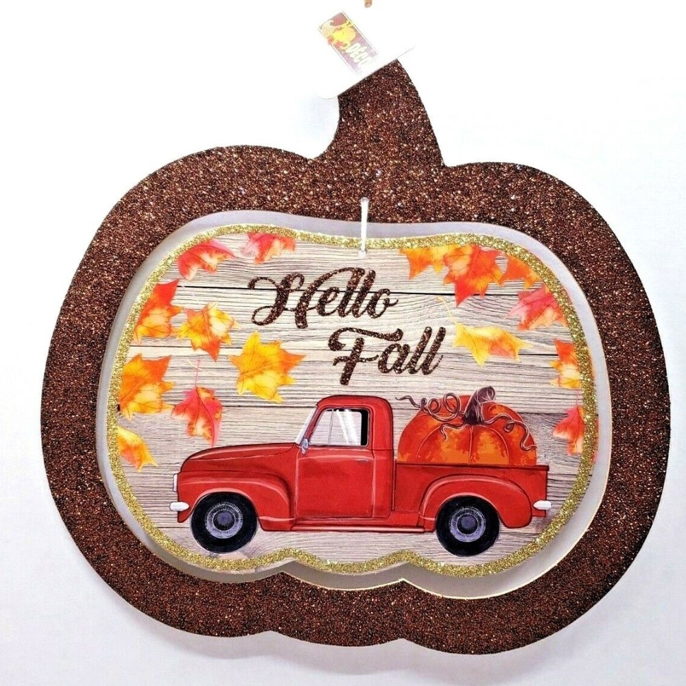 Hello Fall  Glittered Pumpkin w Vintage Truck Wall Door Plaque Decor